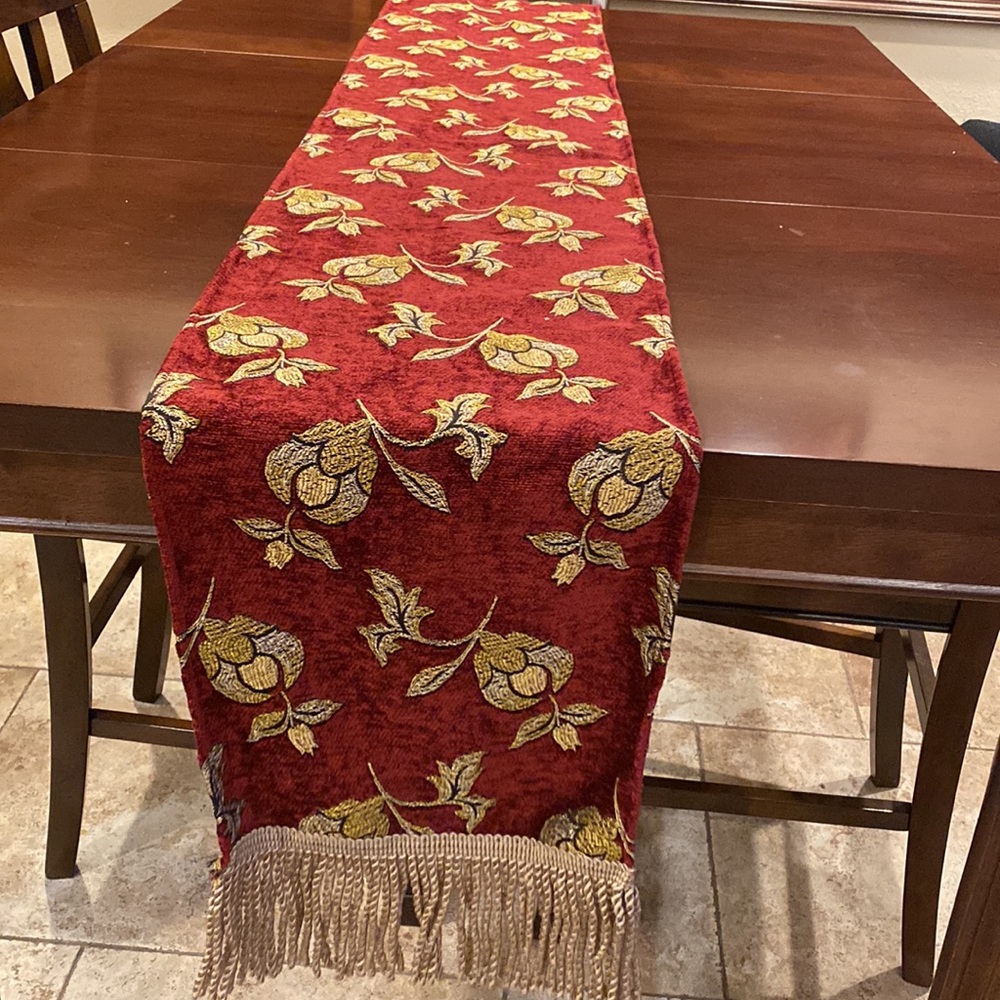 Table runner cranberry and gold colors 70” ( not including edge detail) - Picture 3 of 16